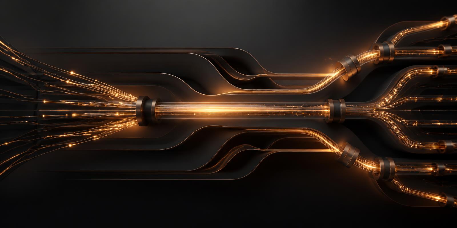 Bronze light streams flowing through dark channels, representing an automated data pipeline