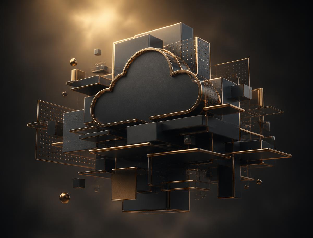 Abstract charcoal and bronze sculpture representing layered cloud infrastructure