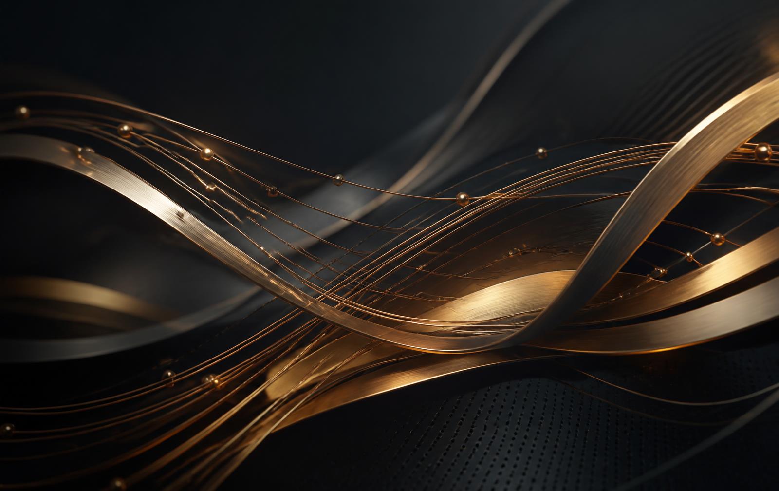 Abstract brass-toned data ribbons flowing across a dark charcoal surface