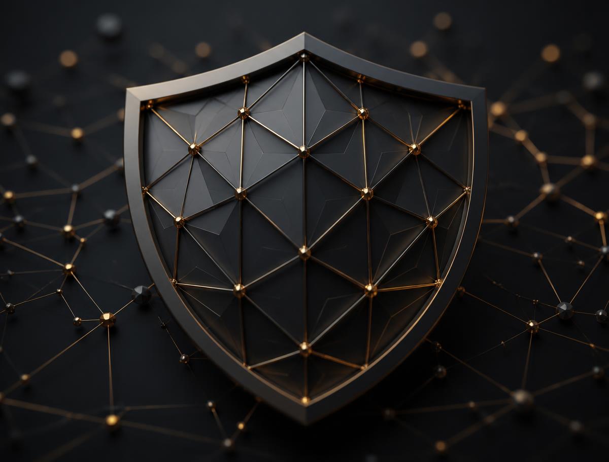 Geometric charcoal shield with brass connecting nodes, symbolising layered software security