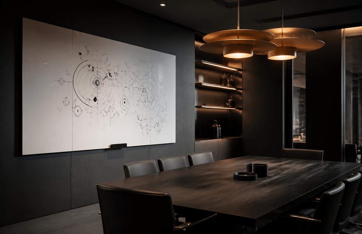 Quiet dark meeting room with a whiteboard of system diagrams under warm bronze pendant lights